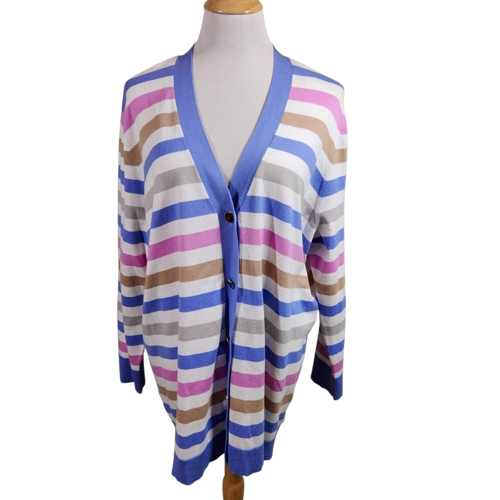 NWT Jones New York Womens Amparo Blue Combo Striped Cardigan Sweater Size 2X
